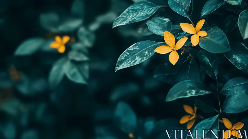 Golden flowers punctuate deep teal foliage with soft bokeh