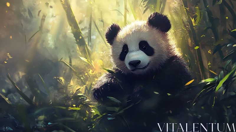 Young panda sits in sunlit bamboo forest clearing