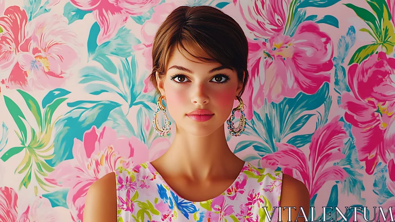 Digital portrait in vibrant floral immersion pattern study.