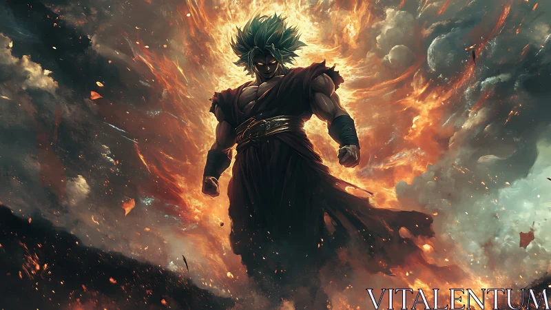Energy-charged warrior figure within fiery storm field.