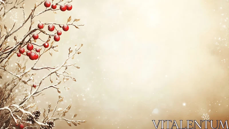 Snow dusted red berries on winter branches against bokeh field