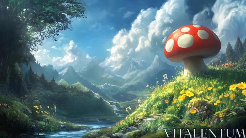 Giant toadstool crowns a sunlit valley of whispering peaks.