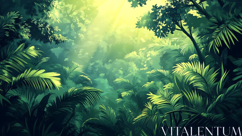 Luminous tropical canopy with atmospheric light diffusion through dense vegetation.