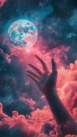Reaching hand toward neon moon in radiant cosmic clouds.