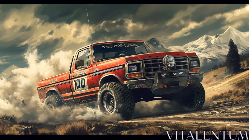 Red mountain truck kicking up dust on a wild trail.