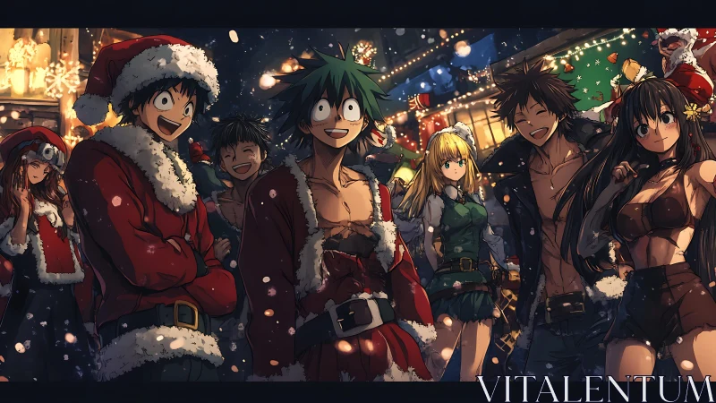 Anime holiday street scene with multi-character festive costuming