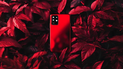 Red smartphone on red foliage with bold contrast focus.