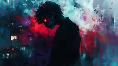 Silhouetted figure with glowing red eyes amid neon haze