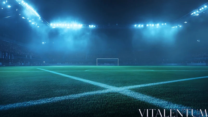 Night stadium pitch under floodlights with cinematic depth.
