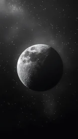 Crescent moon close-up against dense star field in space.