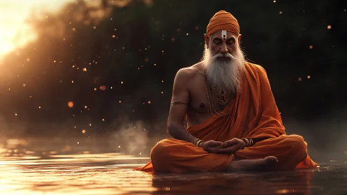 Meditating sage in saffron robes rendered with dramatic rim light