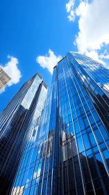 Skyward glass towers mirroring clouds in vivid blue daylight.