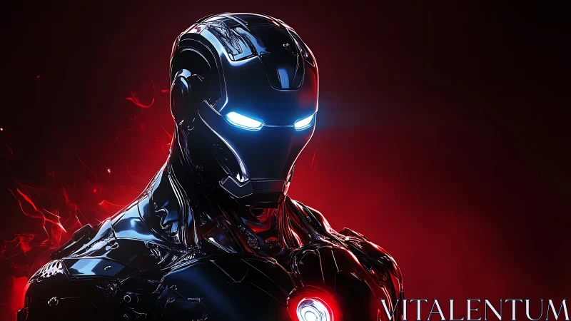 Chrome-clad cyber guardian studies the red horizon in silence