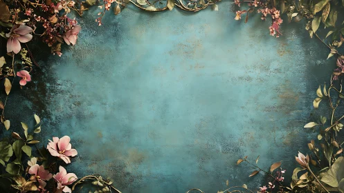 Vintage teal background frames delicate pink floral border