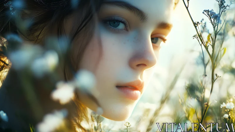Soft daylight portrait frames serene face amid wildflowers