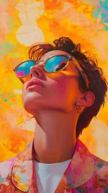 Portrait of person in sunglasses against vivid orange sky.