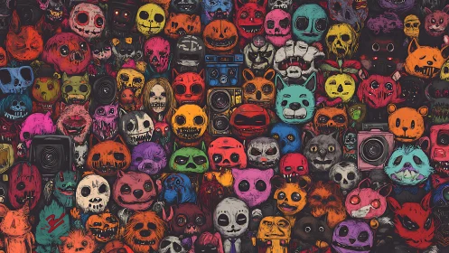 Grotesque neon character collage with horror cartoon masks.