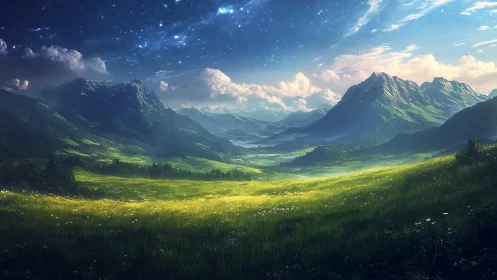 Luminous alpine valley under starry twilight sky panorama.