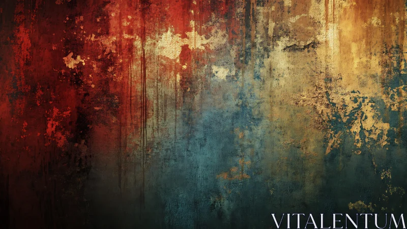 Abstract textured wall art with red, gold, and blue tones.