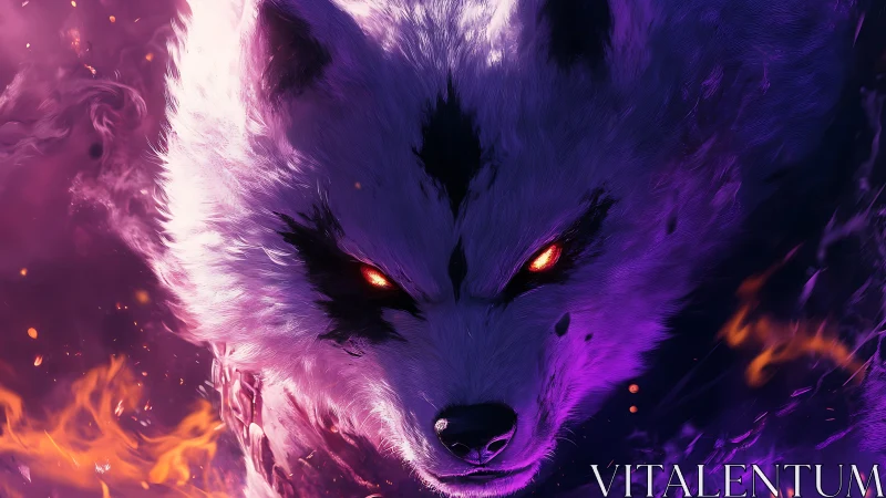 Demonic white wolf glows amid violet embers and firestorm
