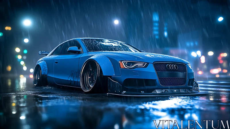 Lowered blue sports car on wet city street at night.