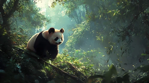 Giant panda walks through dense misty forest clearing.