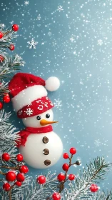 Playful snowman in red winter attire amid frosted berries.