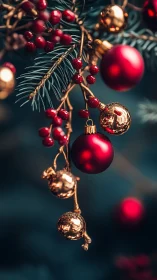 Red and gold baubles hang from fir branch with red berries