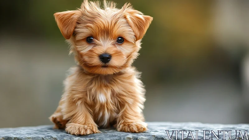 Tiny fluffy puppy sits alert on stone ledge outdoors