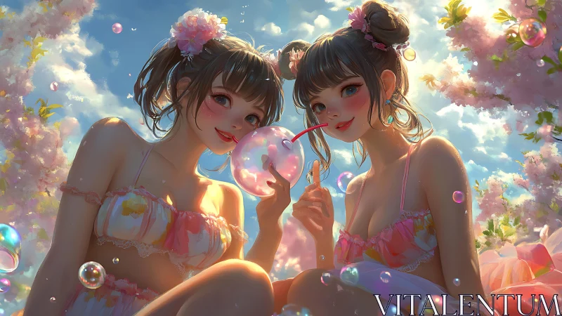Twin girls share a bubble drink in dreamy spring garden.