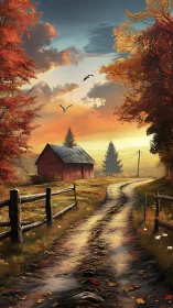Golden country lane curving past a quiet red autumn barn.