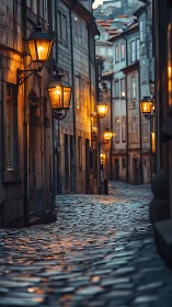 Old European alley glows with evening street lantern light