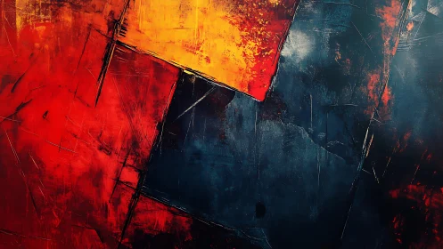 Bold abstract geometric painting with red, yellow, and black tones.