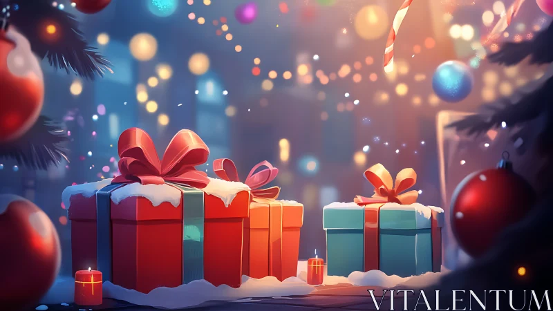 Snow-covered gift boxes are arranged beneath blurred lights