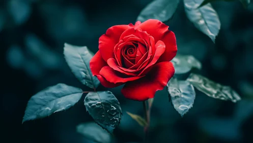 Vibrant Red Rose Blooming Against Teal Foliage.
