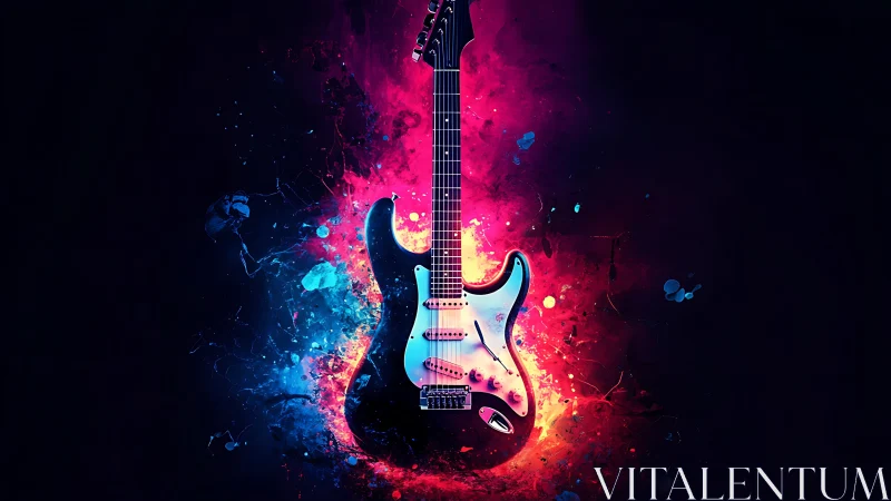 Electric guitar glows with bold neon splashes of color