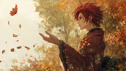 Autumn youth in kimono greets drifting butterfly quietly.