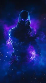 Voidlit rogue strides from neon mist, eyes carved in violet