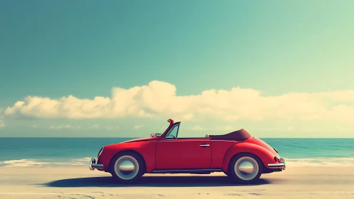 Retro red cabriolet stands in profile on a sunlit beach