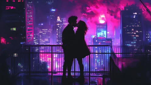 Silhouetted rooftop kiss in neon magenta cyberpunk megacity