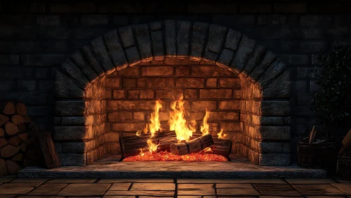Stone fireplace with active fire and arched brick interior