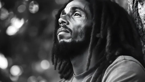 Monochrome contemplative portrait with shallow depth of field.