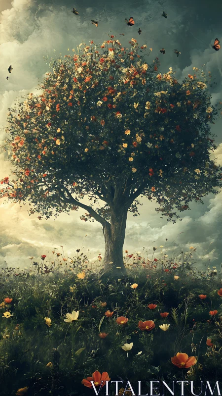 Solitary flowering tree in meadow under cloudy sky.