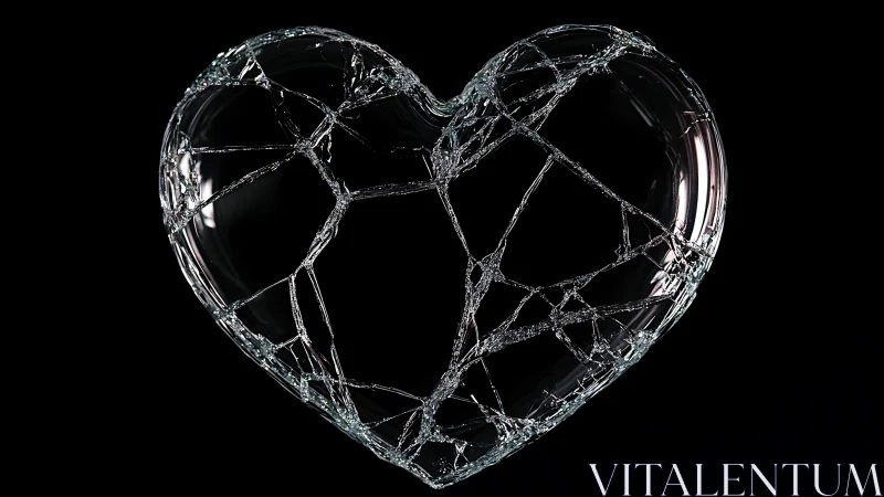 Transparent fractured glass heart on solid black background.