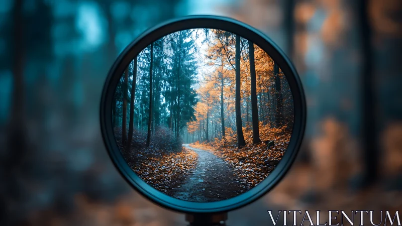 Magnifying glass isolates sharp autumn forest path scene