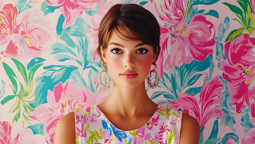 Digital portrait in vibrant floral immersion pattern study.