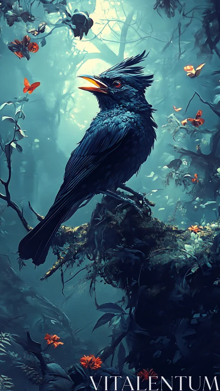Midnight songbird rests in a glowing, enchanted forest