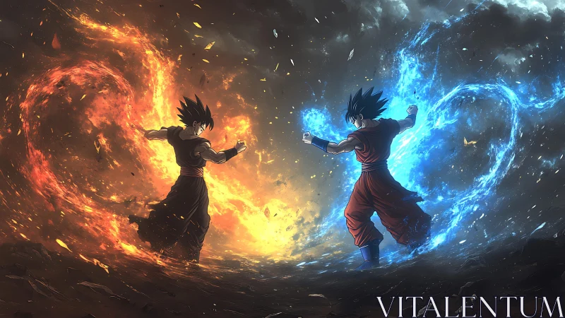 Elemental duel of mirrored warriors in turbulent energy vortex.