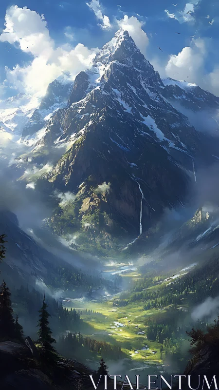 Towering snowcapped mountain over sunlit alpine valley.