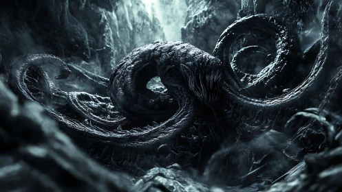 Eldritch abyssal leviathan with barbed tentacles in chasm